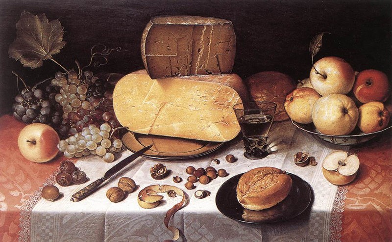Натюрморт с фруктами, орехами и сыром. Автор — Флорис ван Дейк, 1613 год