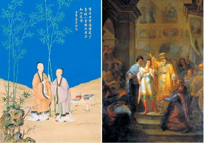 Слева «Послание безмятежной весны», худ. Ла Шинин. Справа «Призвание Михаила Фёдоровича Романова на царство 14 марта 1613 года», худ. Григорий Угрюмов