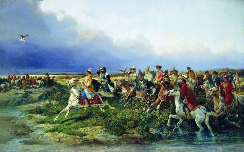 «Царь Алексей Михайлович с боярами на соколиной охоте близ Москвы», 1873 г. Н. Е. Сверчков «Царь Алексей Михайлович с боярами на соколиной охоте близ Москвы», 1873 г. Н. Е. Сверчков