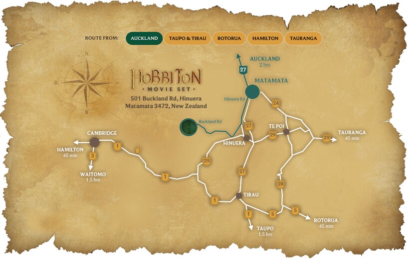 Как попасть в Хоббитон — официальная карта. Фото: hobbitontours.com Как попасть в Хоббитон — официальная карта. Фото: hobbitontours.com