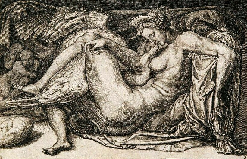 Гравюра, воспроизводящая работу Микеланджело «Леда и лебедь», ок. 1530 года Гравюра, воспроизводящая работу Микеланджело «Леда и лебедь», ок. 1530 года