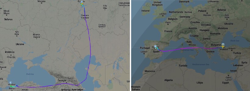 Маршрут из Казани. Фото: flightradar24.com Маршрут из Казани. Фото: flightradar24.com