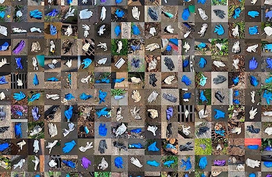 Фотограф снимает одноразовые маски и перчатки, выброшенные на улицах Великобритании