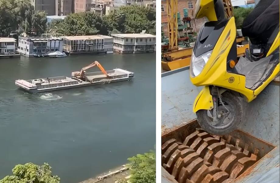 Видео: Экскаватор, который использует ковш как весло, и еще масса невероятных случаев
