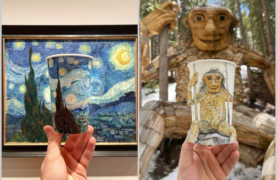 16 рисунков художника, который изображает на бумажных стаканчиках места, где побывал