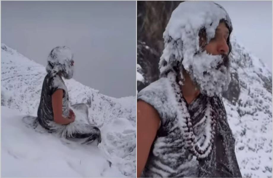 Видео: йог медитирует в Гималаях во время снежной бури